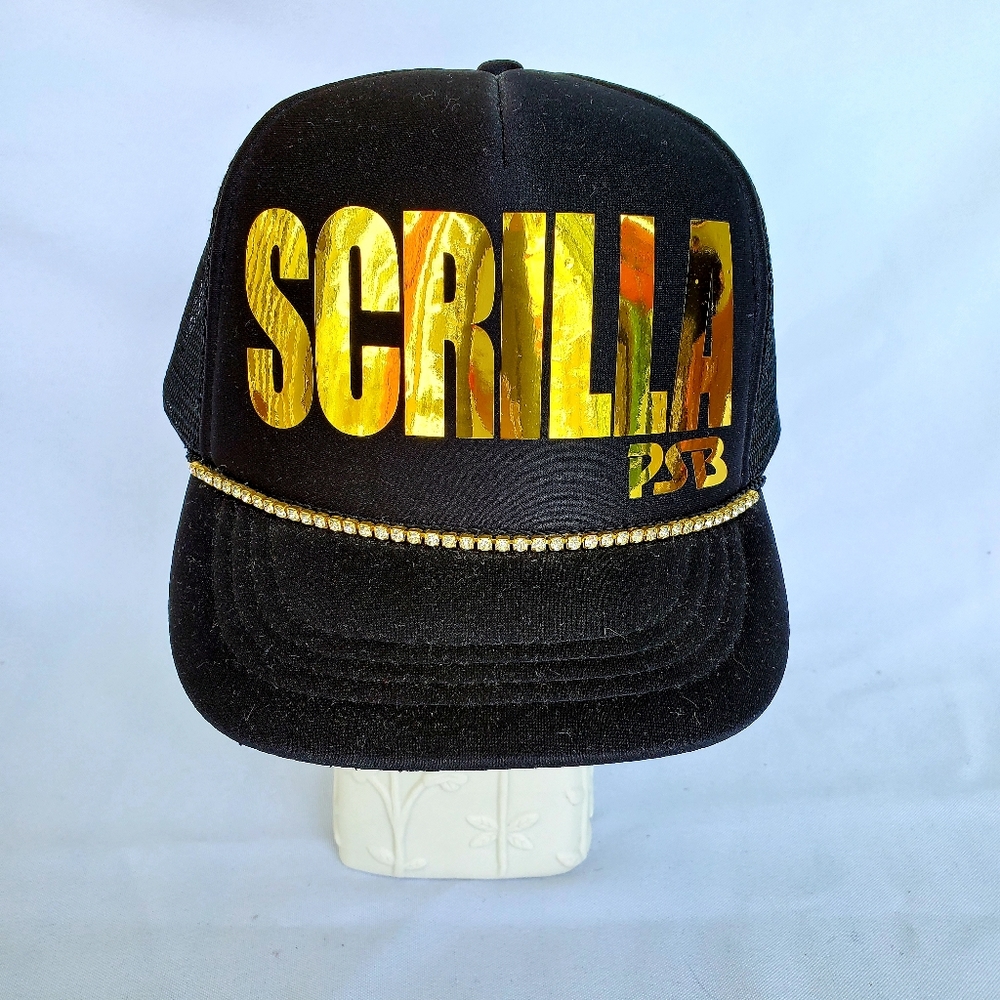 NWOT Scrilla Black/Metallic Gold Trucker Hat